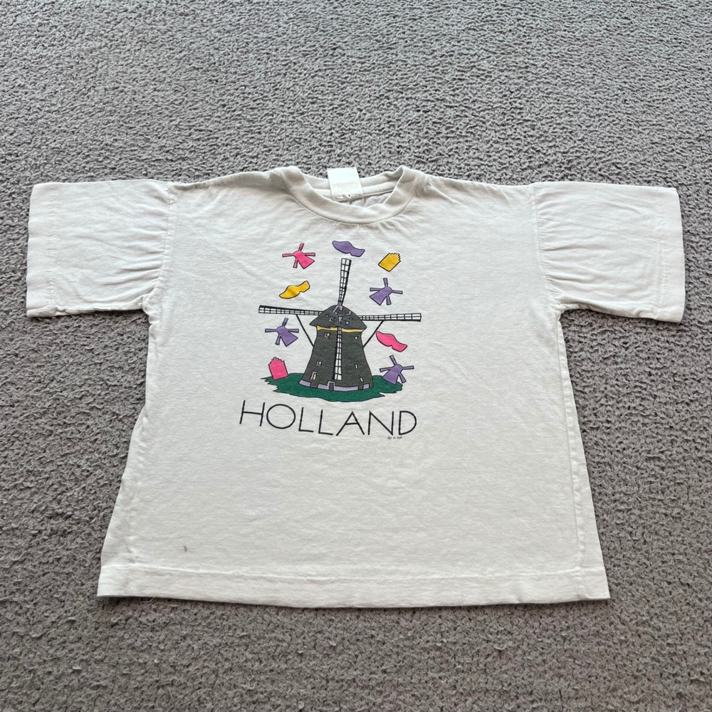 Vintage Self Control Kids Holland Windmill Graphic T-Shirt White Youth Small